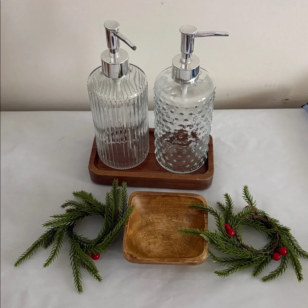 Threshold Glass Soap Dispenser Set acacia wood Tray trivet bowl Christmas